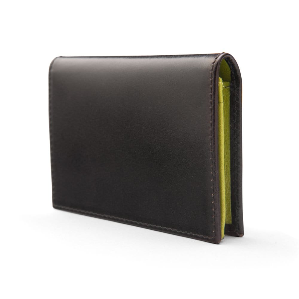 Expandable leather business card case, black with lime, side