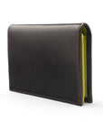 Expandable leather business card case, black with lime, side