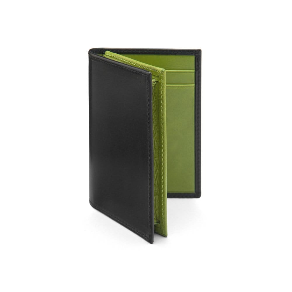 Expandable leather business card case, black with lime, front
