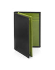 Expandable leather business card case, black with lime, front