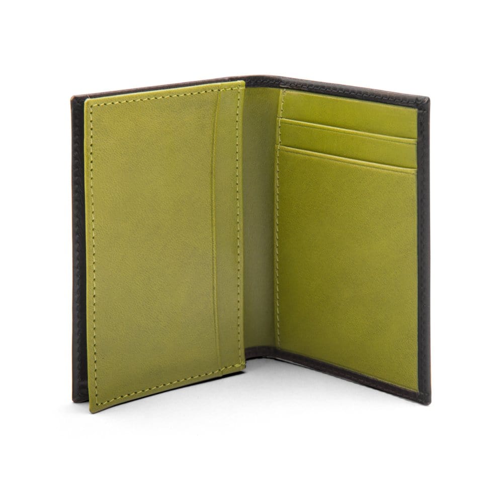 Expandable leather business card case, black with lime, open