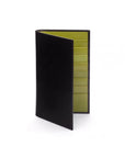 Slim tall leather suit wallet, black with lime, front