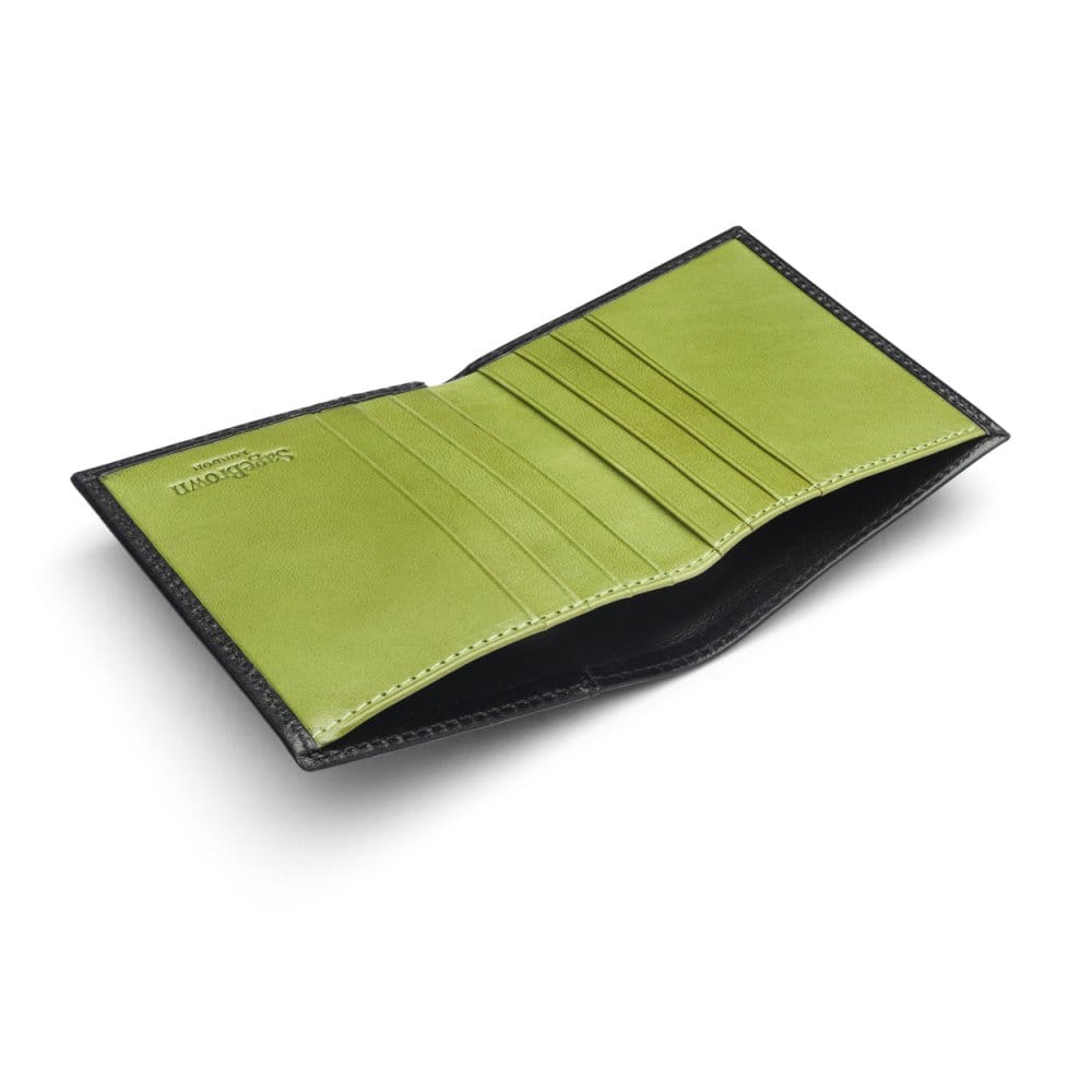 Leather compact billfold wallet 6CC, black with lime, inside