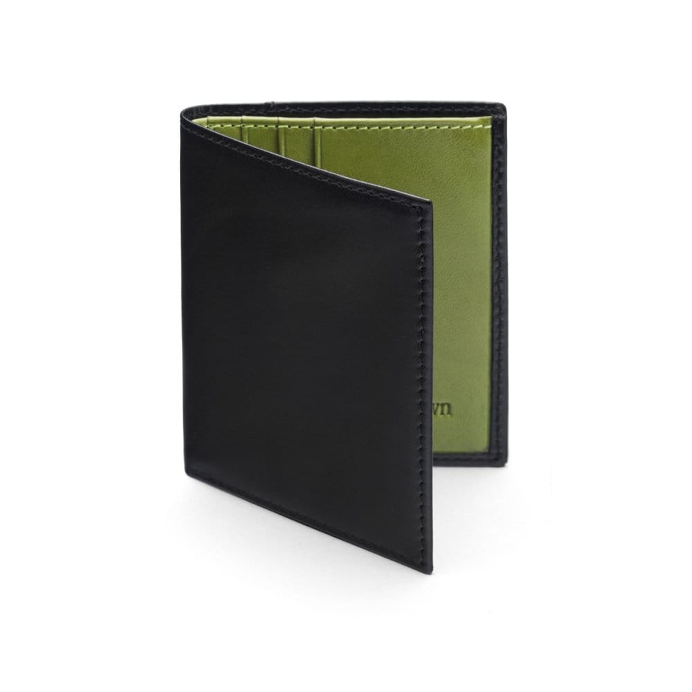 Leather compact billfold wallet 6CC, black with lime, front