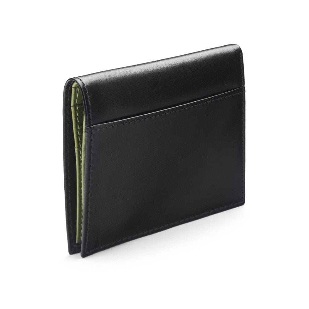 Leather compact billfold wallet 6CC, black with lime, back
