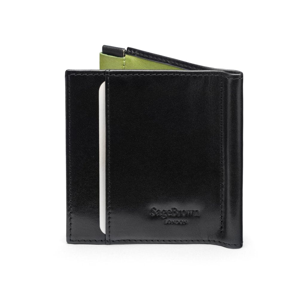 Leather money clip wallet with coin purse, black with lime, back
