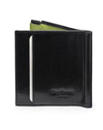 Leather money clip wallet with coin purse, black with lime, back