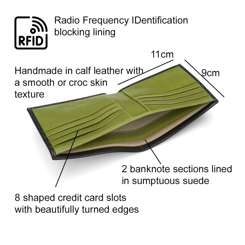 RFID leather wallet for men, black with lime, features