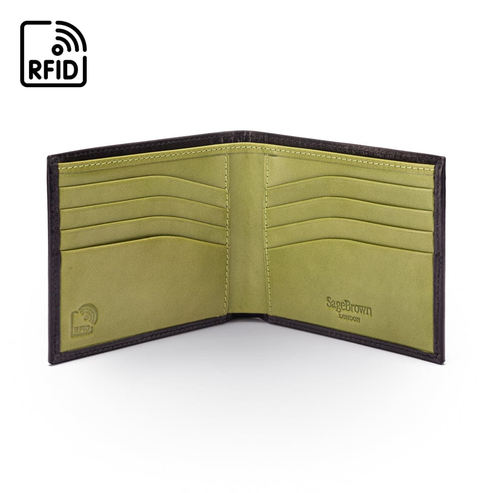 RFID leather wallet for men, black with lime, open view