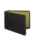 Leather travel card wallet, black with lime, front