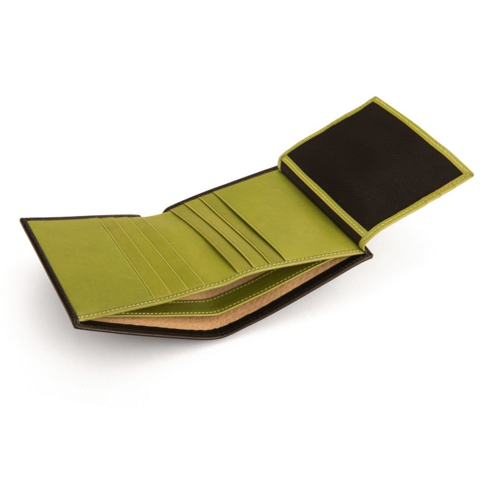 Leather wallet with 9 CC and ID, black with lime, inside