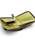 Men's leather zip wallet with coin purse, black with lime, inside