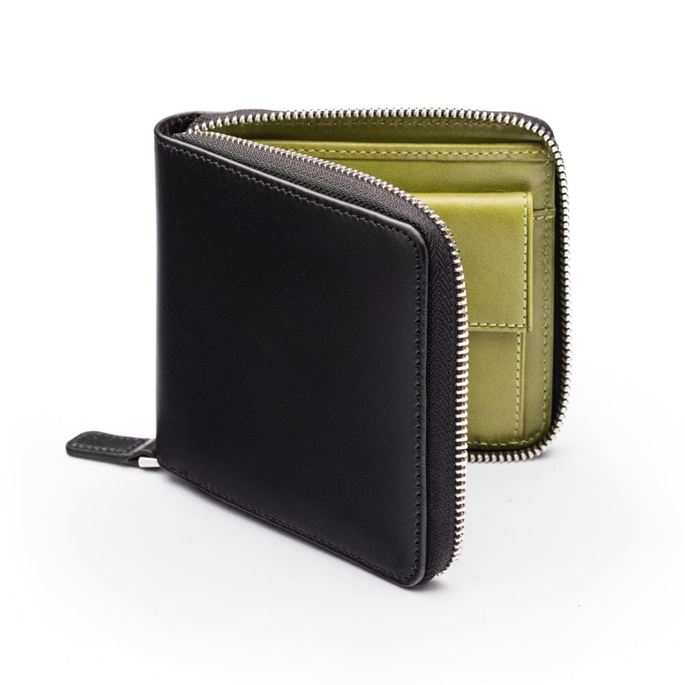 Men's leather zip wallet with coin purse, black with lime, front view