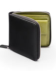 Men's leather zip wallet with coin purse, black with lime, front view