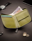 Men's leather zip wallet with coin purse, black with lime, lifestyle