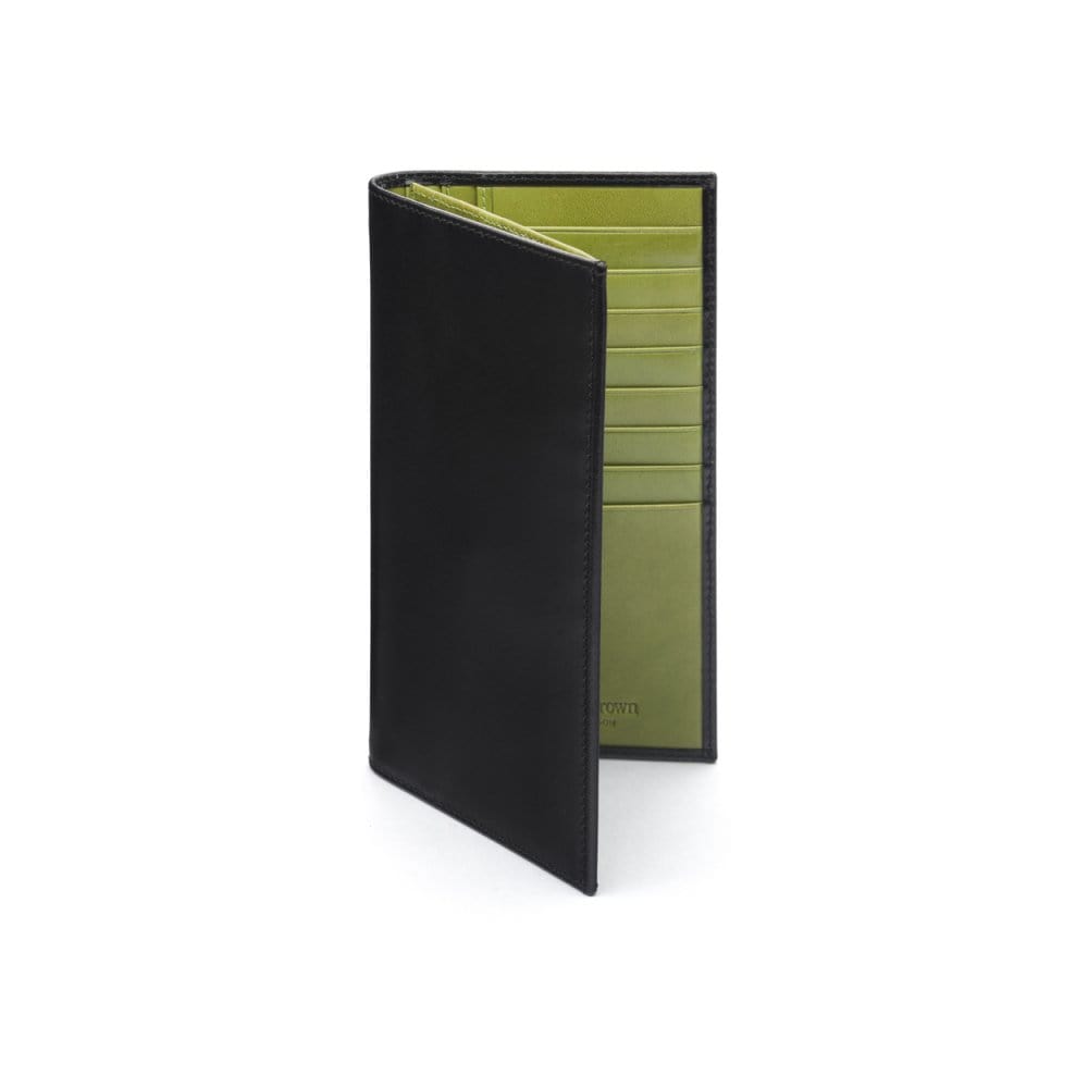Men's tall leather wallet with 24 CC, black with lime, front
