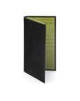 Men's tall leather wallet with 24 CC, black with lime, front