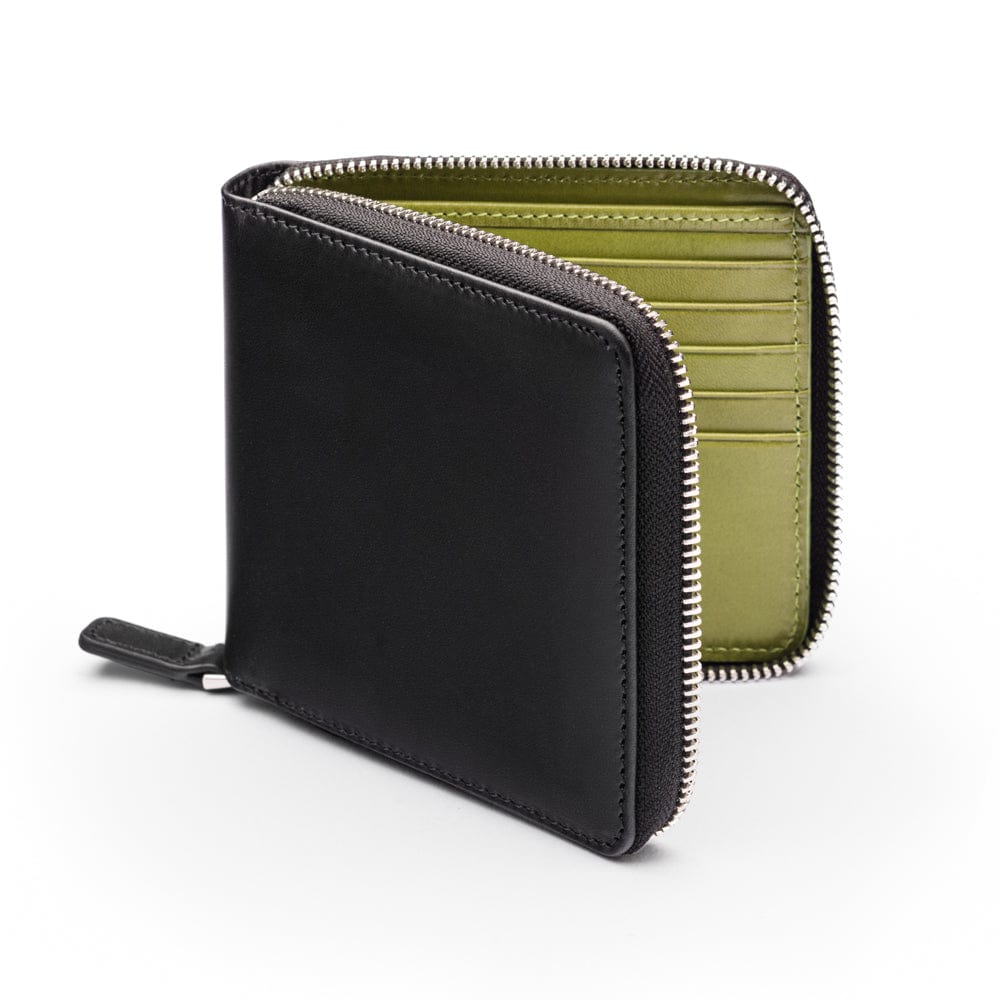 Men&#39;s leather wallet with zip around closure, black with lime,, front