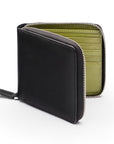 Men's leather wallet with zip around closure, black with lime,, front