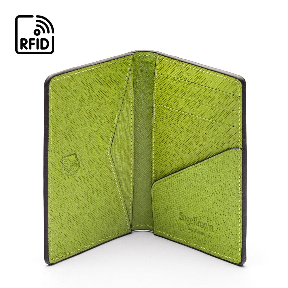 RFID bifold credit card holder, black with lime saffiano, inside view