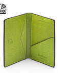 RFID bifold credit card holder, black with lime saffiano, inside view