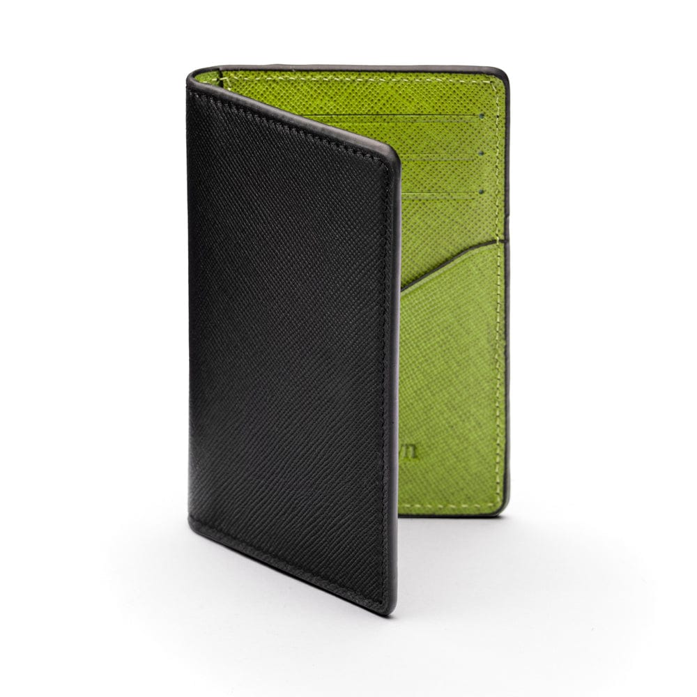 RFID bifold credit card holder, black with lime saffiano, front view