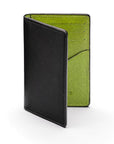 RFID bifold credit card holder, black with lime saffiano, front view