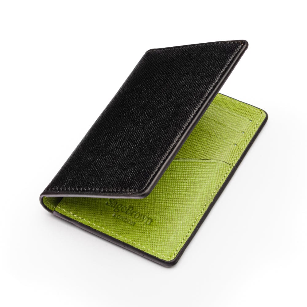 RFID bifold credit card holder, black with lime saffiano, open view