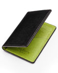 RFID bifold credit card holder, black with lime saffiano, open view