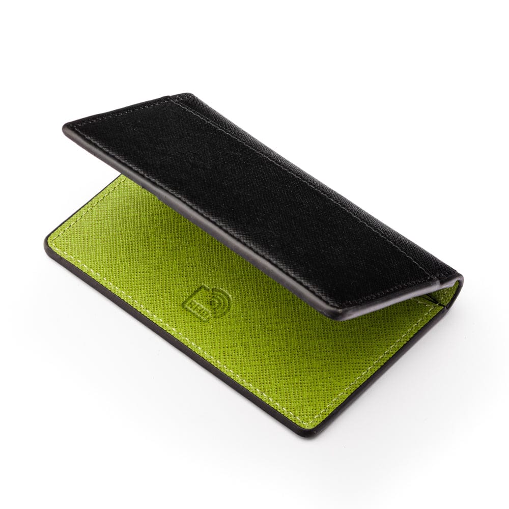 RFID bifold credit card holder, black with lime saffiano, RFID view