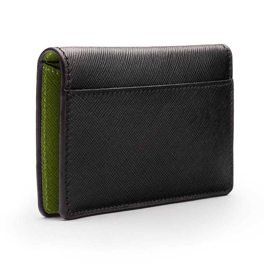 RFID bifold credit card holder, black with lime saffiano, back view