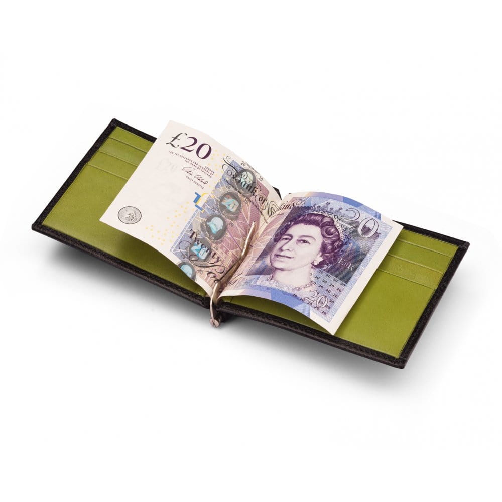Black With Lime Compact Leather Wallet With Money Clip