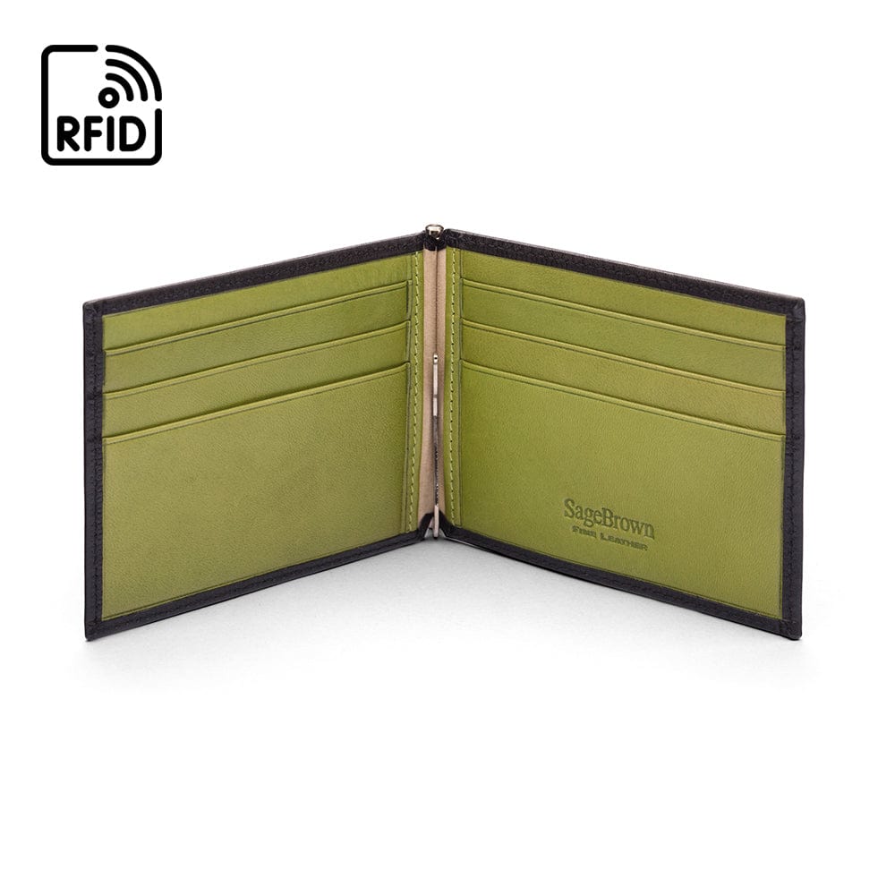 Leather money clip wallet, black with lime, open view