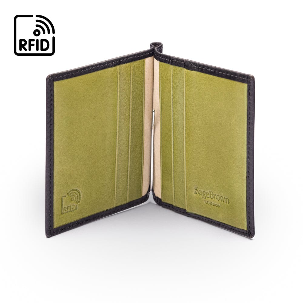 Clip wallet for men, black with lime, inside view