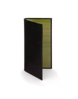 Large leather breast pocket wallet 16 CC, black with lime, front