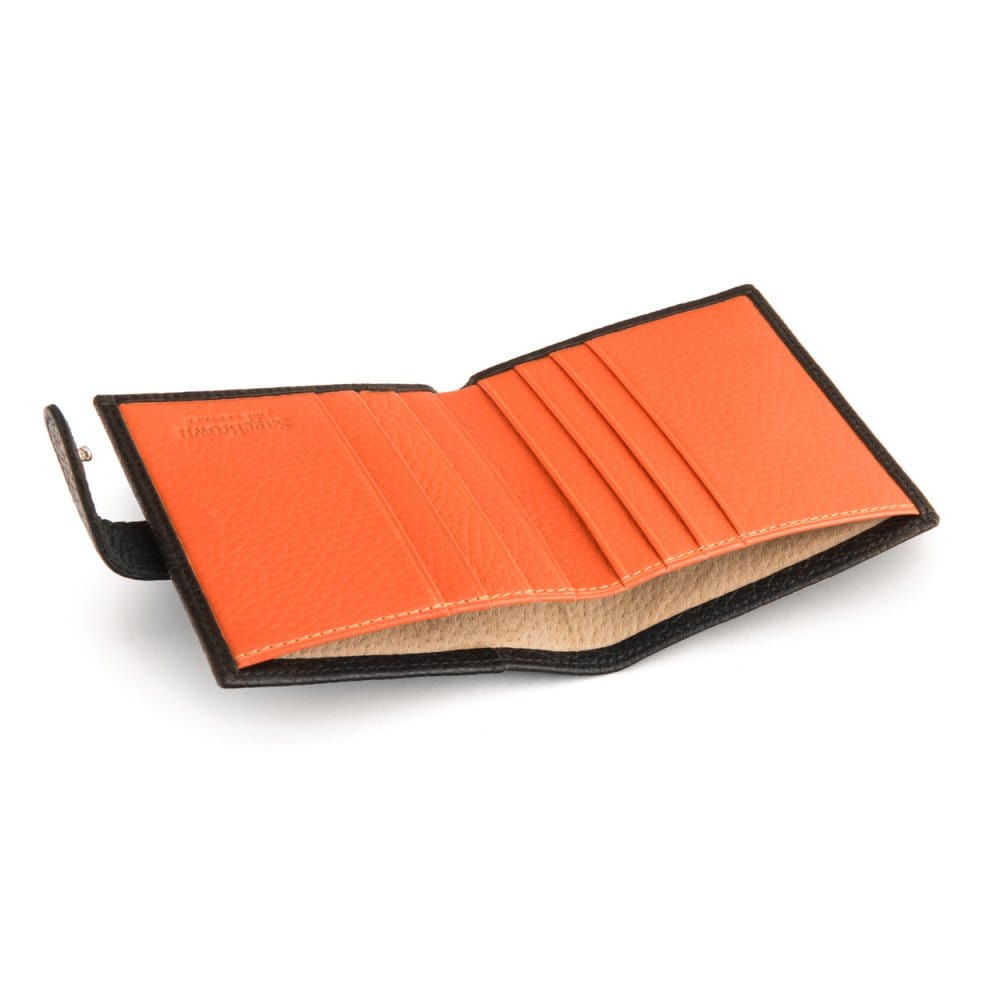 Compact leather billfold wallet with tab, black with orange, inside