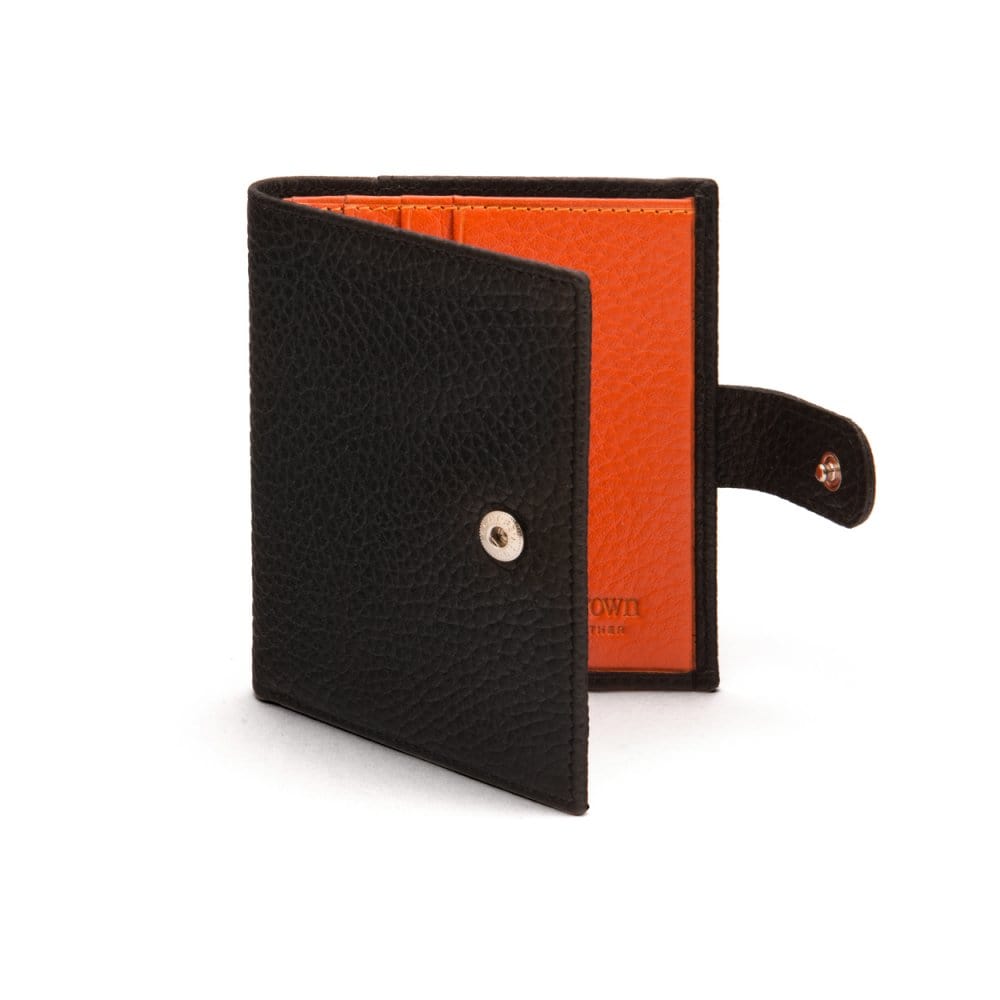 Compact leather billfold wallet with tab, black with orange, front