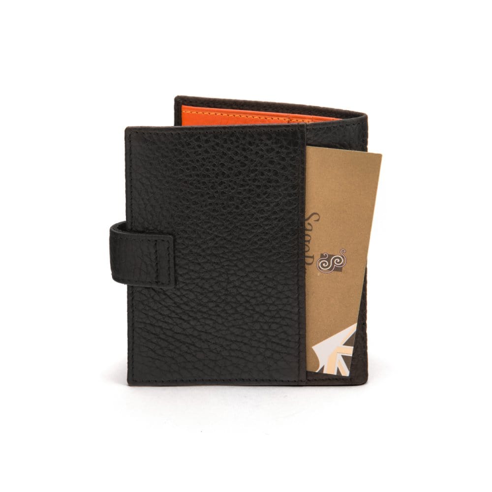 Compact leather billfold wallet with tab, black with orange, back