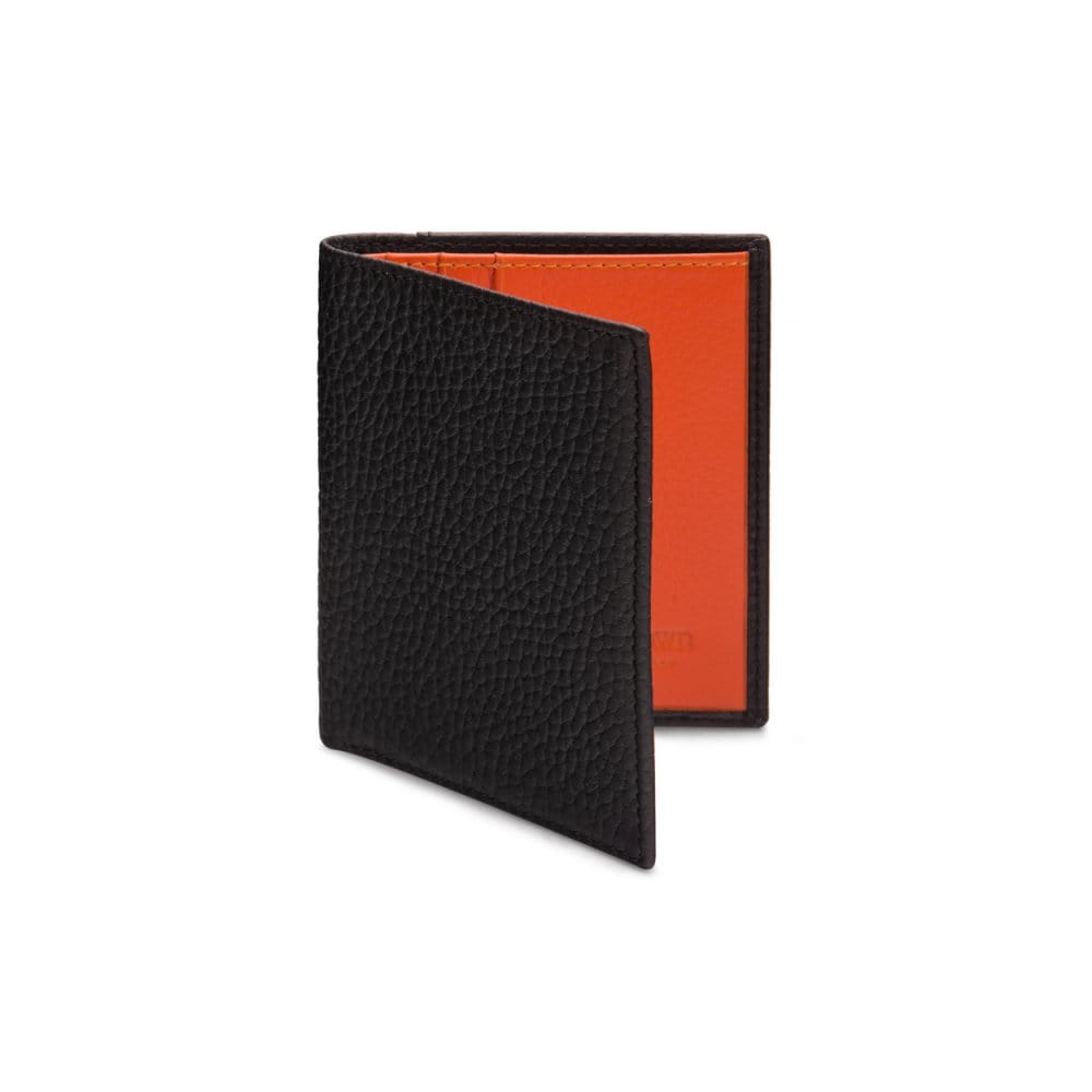 RFID leather wallet with 4 CC, black with orange, front