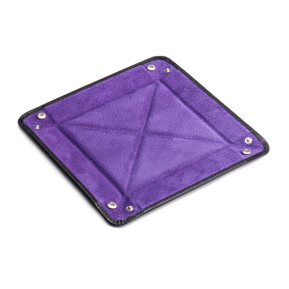 Leather valet tray, black with purple, flat
