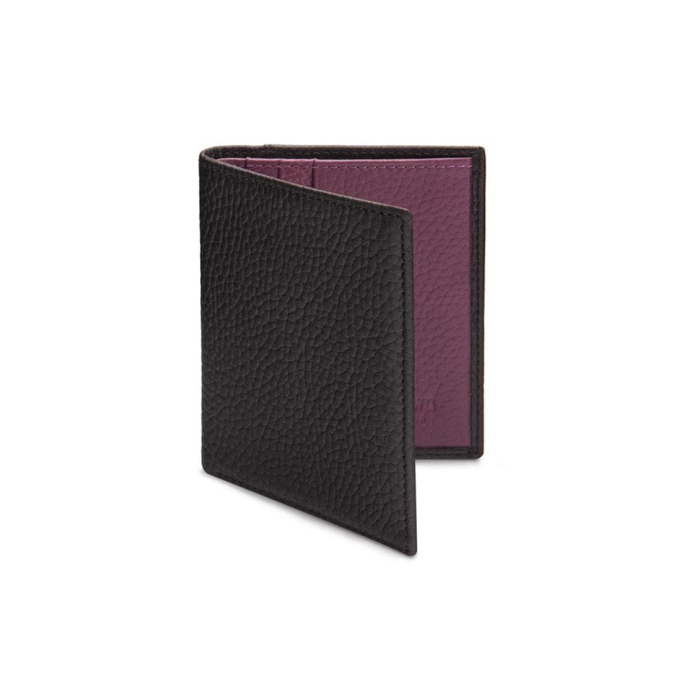 RFID leather wallet with 4 CC, black with purple, front