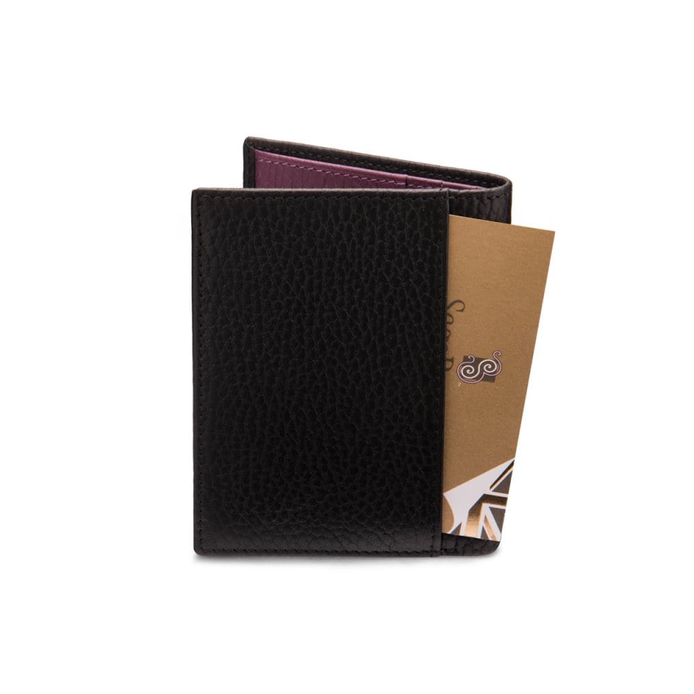 RFID leather wallet with 4 CC, black with purple, back