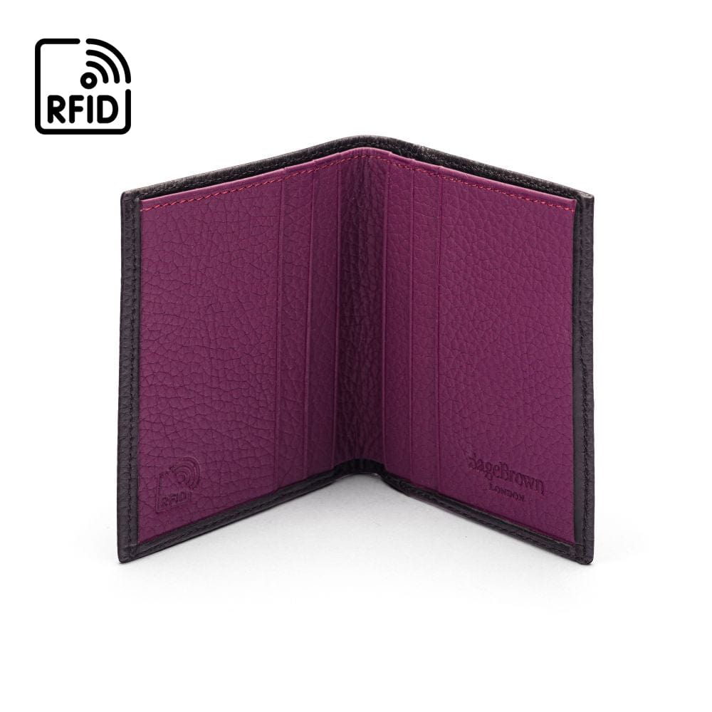 RFID leather wallet with 4 CC, black with purple, open