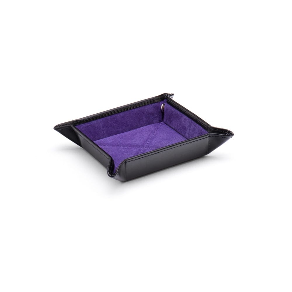 Small leather valet tray, black with purple, front