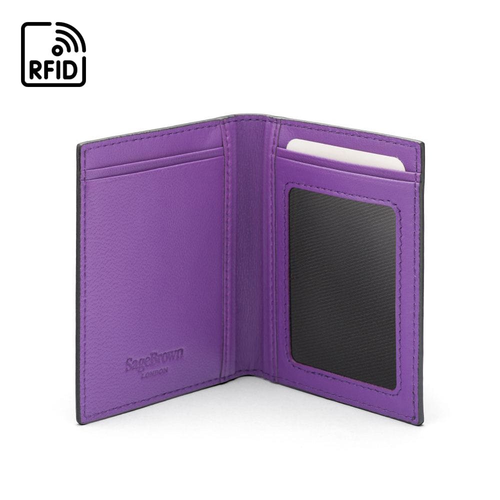 RFID Credit Card Wallet in black with purple leather, inside view