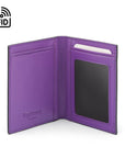 RFID Credit Card Wallet in black with purple leather, inside view