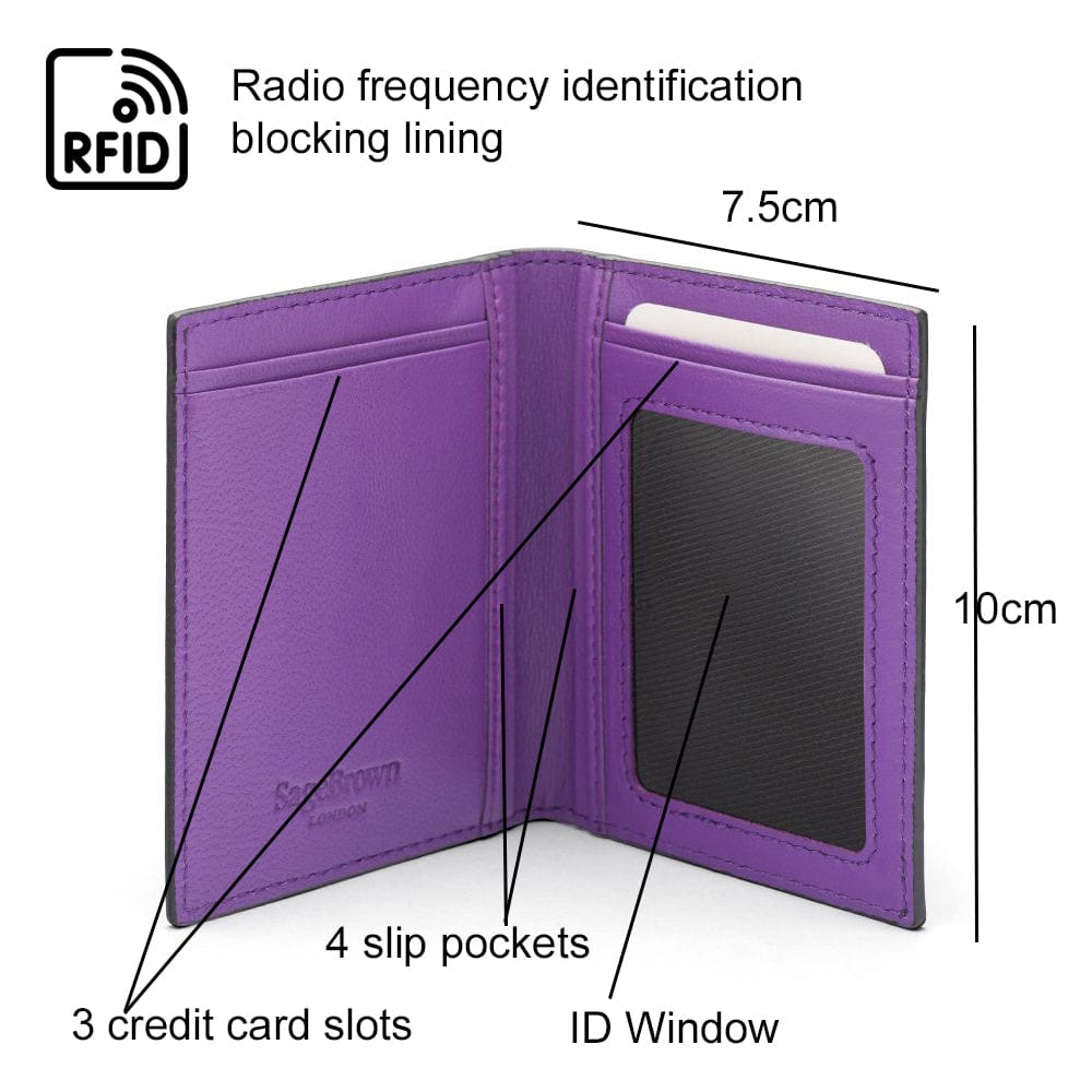 RFID Credit Card Wallet in black with purple leather, features