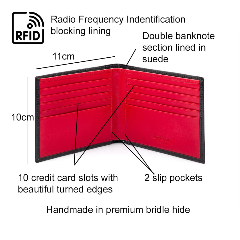 RFID wallet in black with red bridle leather, features