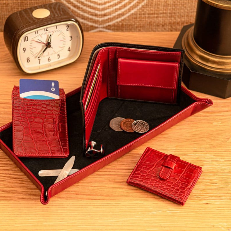 Leather wallet with coin purse, black with red, lifestyle