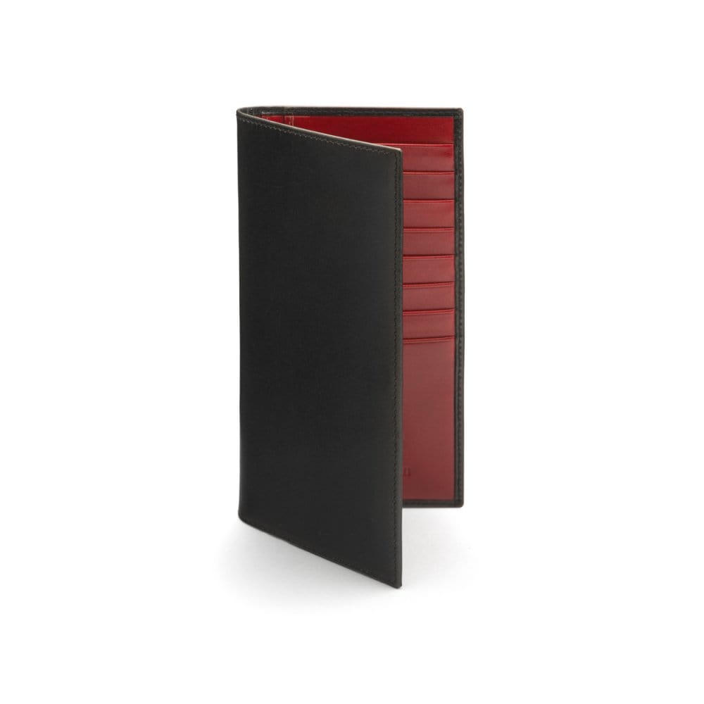Tall leather wallet with 8 card slots, black with red, front